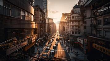 A beautiful and dramatic panoramic photograph of the city skyline, taken on a golden evening after sunset. . photo