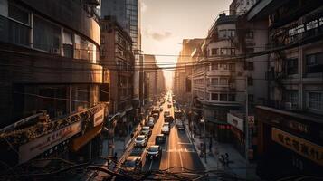 A beautiful and dramatic panoramic photograph of the city skyline, taken on a golden evening after sunset. . photo