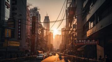 A beautiful and dramatic panoramic photograph of the city skyline, taken on a golden evening after sunset. . photo