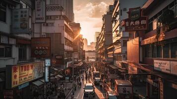 A beautiful and dramatic panoramic photograph of the city skyline, taken on a golden evening after sunset. . photo