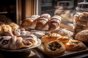 bakery interior with display counters full of scrumptious bread and pastries. Shop a patisserie or bakery with croissants, apple pies, waffles, and churros. Freshly baked pastries. photo