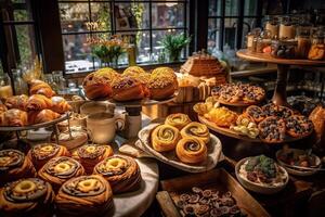 bakery interior with display counters full of scrumptious bread and pastries. Shop a patisserie or bakery with croissants, apple pies, waffles, and churros. Freshly baked pastries. photo