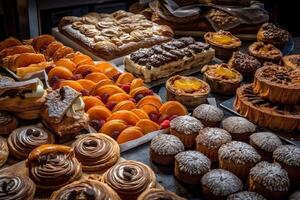 bakery interior with display counters full of scrumptious bread and pastries. Shop a patisserie or bakery with croissants, apple pies, waffles, and churros. Freshly baked pastries. photo