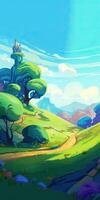 illustration of Flat summer cartoon landscape. Fields with trees and mountains in the background. . photo