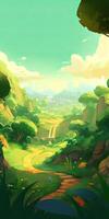 illustration of Flat summer cartoon landscape. Fields with trees and mountains in the background. . photo