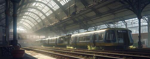 Futuristic train Transport infrastructure panorama, people waiting for train on railway station, locomotive move, pedestrian bridge, modern city on background, business buildings. . photo