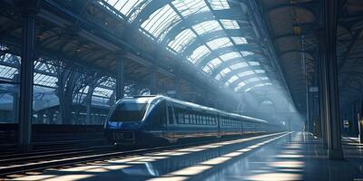 Futuristic train Transport infrastructure panorama, people waiting for train on railway station, locomotive move, pedestrian bridge, modern city on background, business buildings. . photo