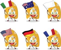 Surfing board cartoon character bring the flags of various countries vector