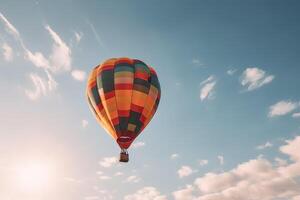 Colorful hot air balloon flying on sky at sunset. travel and air transportation concept. . photo