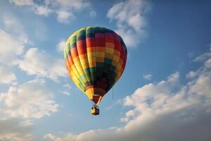 vistoso caliente aire globo volador en cielo a puesta de sol. viaje y aire transporte concepto. generativo ai. foto