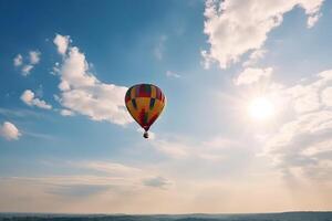 vistoso caliente aire globo volador en cielo a puesta de sol. viaje y aire transporte concepto. generativo ai. foto