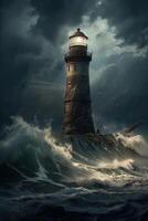 illustration of lighthouse on a rain and storm filled and giant waves crashing lighthouse atnight with a beam of light shining out to sea. . photo