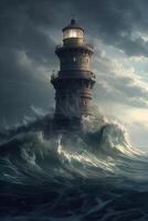 illustration of lighthouse on a rain and storm filled and giant waves crashing lighthouse atnight with a beam of light shining out to sea. . photo