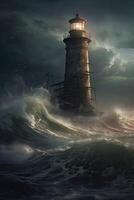 illustration of lighthouse on a rain and storm filled and giant waves crashing lighthouse atnight with a beam of light shining out to sea. . photo