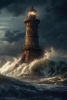 illustration of lighthouse on a rain and storm filled and giant waves crashing lighthouse atnight with a beam of light shining out to sea. . photo