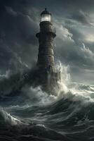 illustration of lighthouse on a rain and storm filled and giant waves crashing lighthouse atnight with a beam of light shining out to sea. . photo