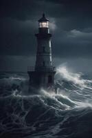 illustration of lighthouse on a rain and storm filled and giant waves crashing lighthouse atnight with a beam of light shining out to sea. . photo