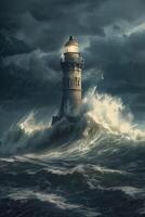 illustration of lighthouse on a rain and storm filled and giant waves crashing lighthouse atnight with a beam of light shining out to sea. . photo
