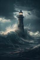 illustration of lighthouse on a rain and storm filled and giant waves crashing lighthouse atnight with a beam of light shining out to sea. . photo