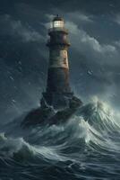 illustration of lighthouse on a rain and storm filled and giant waves crashing lighthouse atnight with a beam of light shining out to sea. . photo