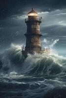 illustration of lighthouse on a rain and storm filled and giant waves crashing lighthouse atnight with a beam of light shining out to sea. . photo