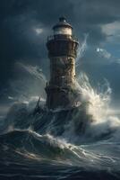 illustration of lighthouse on a rain and storm filled and giant waves crashing lighthouse atnight with a beam of light shining out to sea. . photo