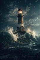 illustration of lighthouse on a rain and storm filled and giant waves crashing lighthouse atnight with a beam of light shining out to sea. . photo