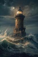 illustration of lighthouse on a rain and storm filled and giant waves crashing lighthouse atnight with a beam of light shining out to sea. . photo