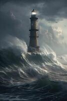 illustration of lighthouse on a rain and storm filled and giant waves crashing lighthouse atnight with a beam of light shining out to sea. . photo