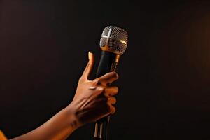 Close-up microphone. microphone isolated on vibrant background, banner with copy space. . photo