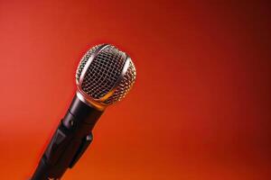 Close-up microphone. microphone isolated on vibrant background, banner with copy space. . photo