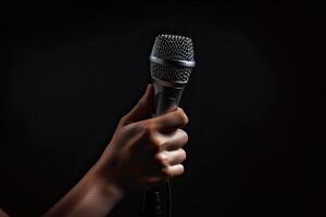 Close-up microphone. microphone isolated on vibrant background, banner with copy space. . photo