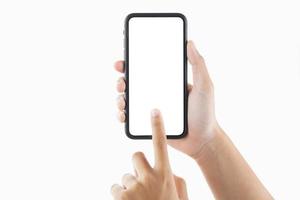 closeup hand woman holding black smartphone blank screen and tiuching isolate on white background photo