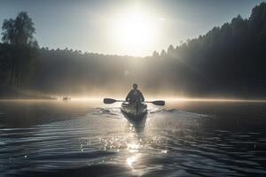 Rear view of kayaker man paddle kayak at sunset sea. Kayaking, canoeing, paddling. . photo