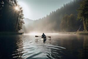 Rear view of kayaker man paddle kayak at sunset sea. Kayaking, canoeing, paddling. . photo