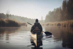 Rear view of kayaker man paddle kayak at sunset sea. Kayaking, canoeing, paddling. . photo