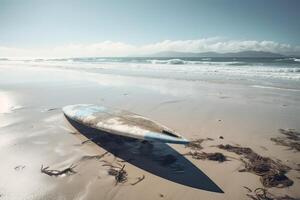 tabla de surf en el playa con playa firmar para surf área. viaje aventuras y agua deporte. relajación y verano vacaciones concepto. Clásico color tono imagen. generativo ai foto