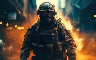 Professional soldier dressed in protective uniform against fire. soldier in uniform of special forces in a dangerous military action in a dangerous enemy area. Non-existent person. . photo