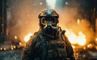 Professional soldier dressed in protective uniform against fire. soldier in uniform of special forces in a dangerous military action in a dangerous enemy area. Non-existent person. . photo