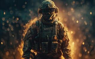 Professional soldier dressed in protective uniform against fire. soldier in uniform of special forces in a dangerous military action in a dangerous enemy area. Non-existent person. . photo