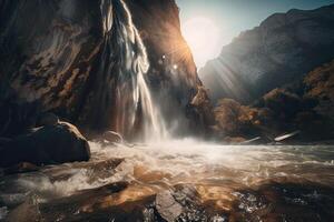 Great view on waterfall with colorful sky during sunset. Wonderful Nature landscape. Travel is a Lifestyle, concept. Iceland popular place of travel and touristic location. . photo