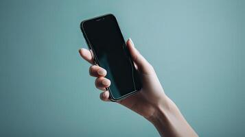 holding cellphone with empty, mockup for mobile app, website or online ad design. Smartphone advertisement template. . photo