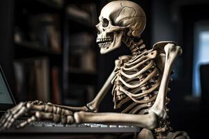 Skeleton businessman working in the office. dead skeleton working at office. . photo