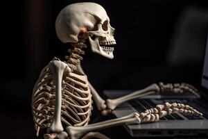 Skeleton businessman working in the office. dead skeleton working at office. . photo