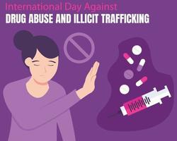 illustration vector graphic of a woman pushing away drugs and injections by hand, perfect for international day, drug abuse, illicit trafficking, celebrate, greeting card, etc.