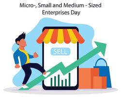 illustration vector graphic of a businessman rides a bar chart cycle, perfect for international day, micro, small and medium, sized, enterprises day, celebrate, greeting card, etc.