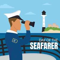 illustration vector graphic of a ship captain looking at the lighthouse tower with binoculars, perfect for international day, day of the seafarer, celebrate, greeting card, etc.