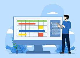 Project manager concept, male person standing in front of computer with project management calendar software planning business project. project management. Flat design vector illustration.