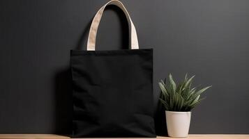 , Realistic black tote canvas fabric bag set-up in at home minimalistic interior with plants, mock up blank. photo
