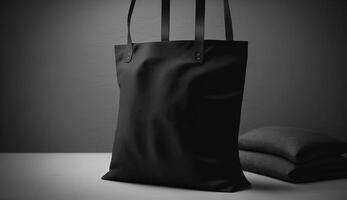 , Realistic black tote canvas fabric bag set-up in at home interior, mug mock up blank. photo